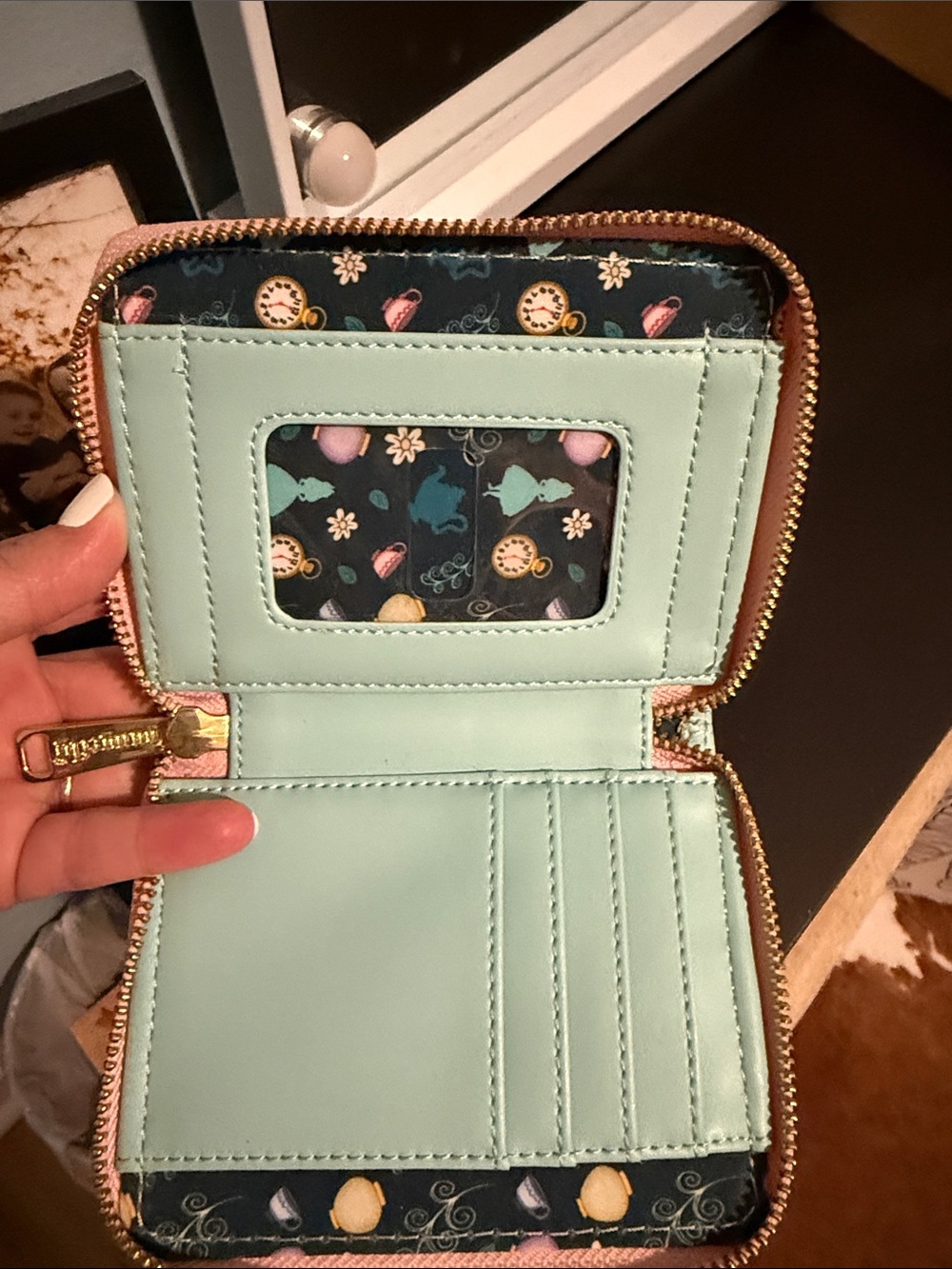 Loungefly Alice Tea Party Mint Blue Zip Wallet with Pink Trim - Picture 3 of 5
